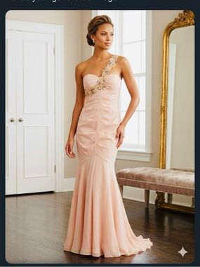 Xscape One-Shoulder Blush Pink Embellished Gown
